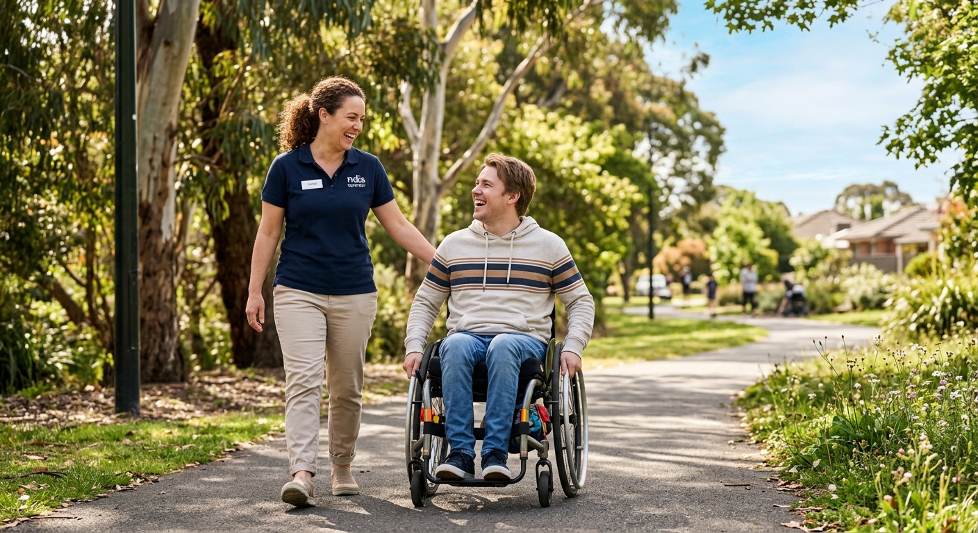 Compassionate NDIS support worker walking and smiling in a leafy park with a participant