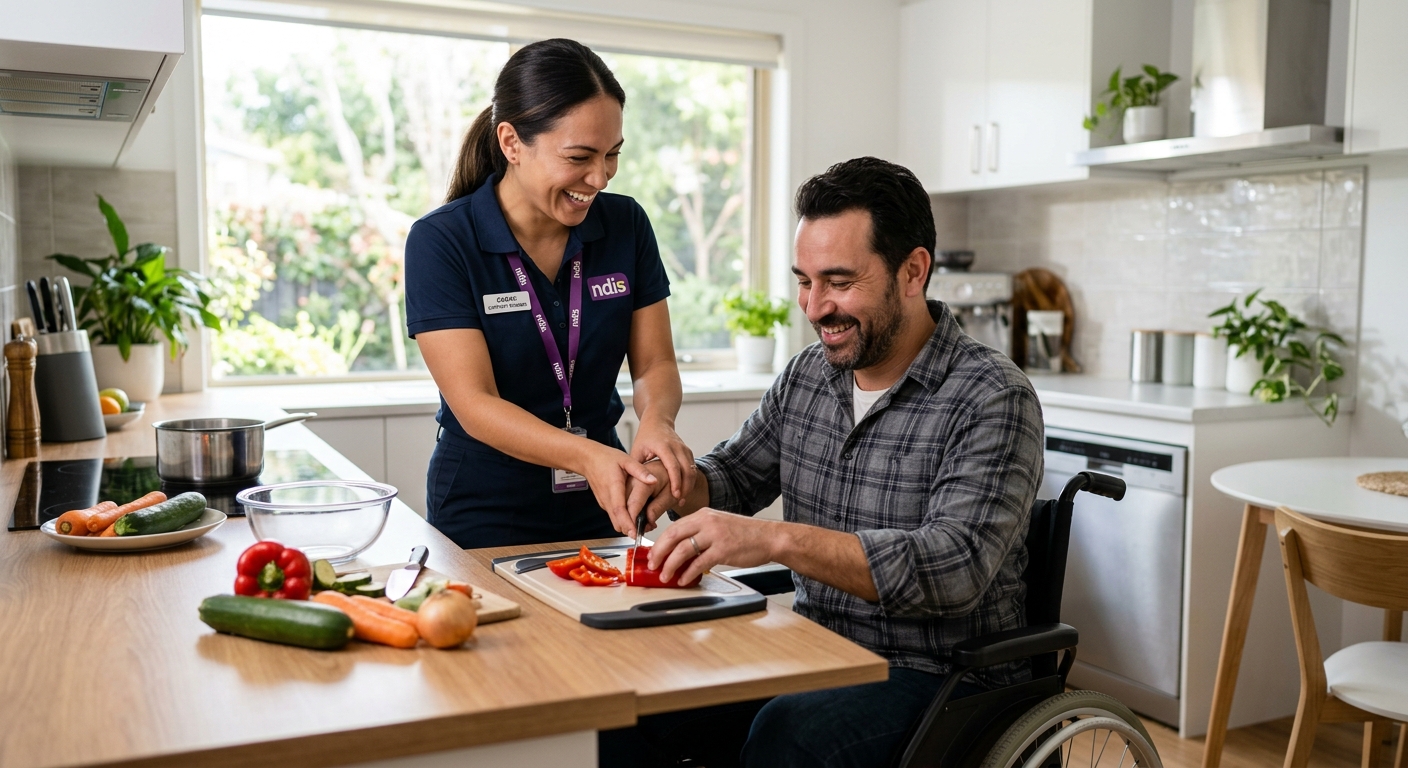 Compassionate NDIS support worker smiling and helping a participant prepare a meal in a modern kitchen